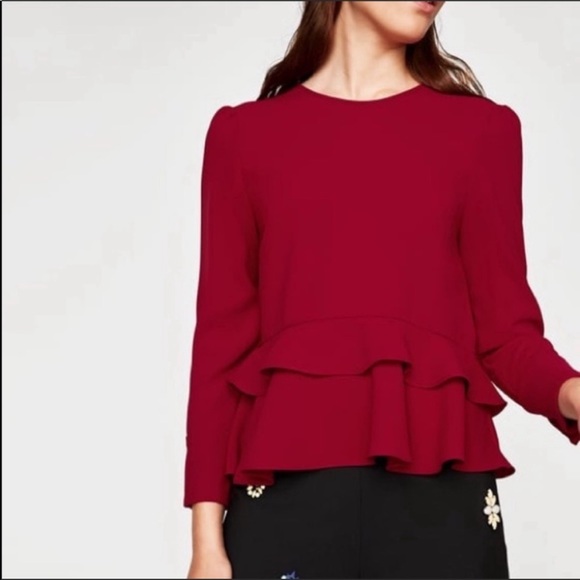 Zara Tops - Zara Deep Red Puff Shoulder Peplum Blouse